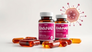 Capsules d'EnduNAD avec illustration des molécules de NAD+ et leurs effets sur les cellules