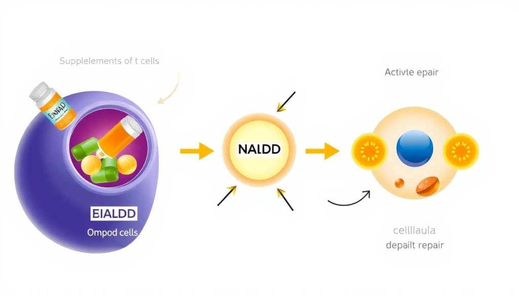 Illustration du mécanisme d'action d'EnduNAD au niveau cellulaire montrant l'augmentation du NAD+